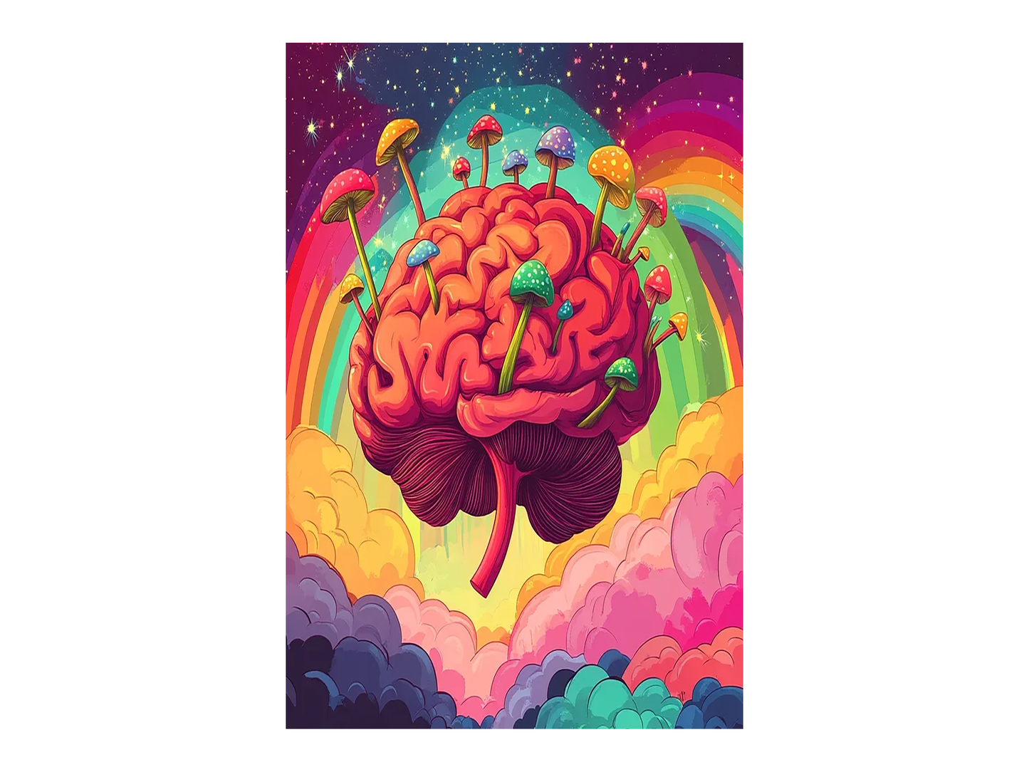 a painting of a brain floating in the sky