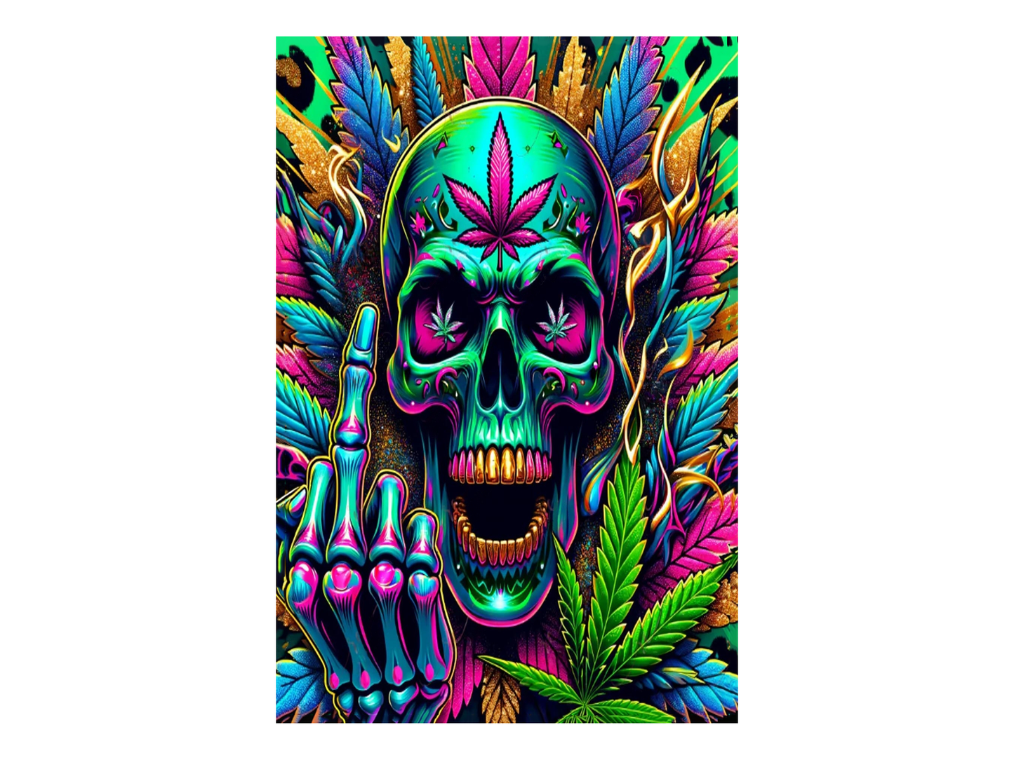 a painting of a skull holding a marijuana leaf