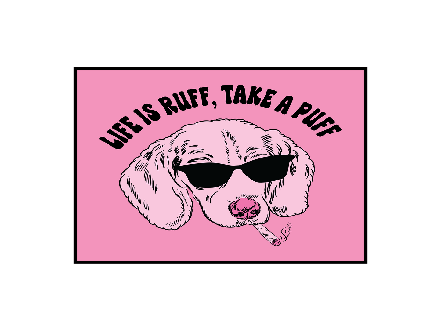 a pink sticker with a dog wearing sunglasses