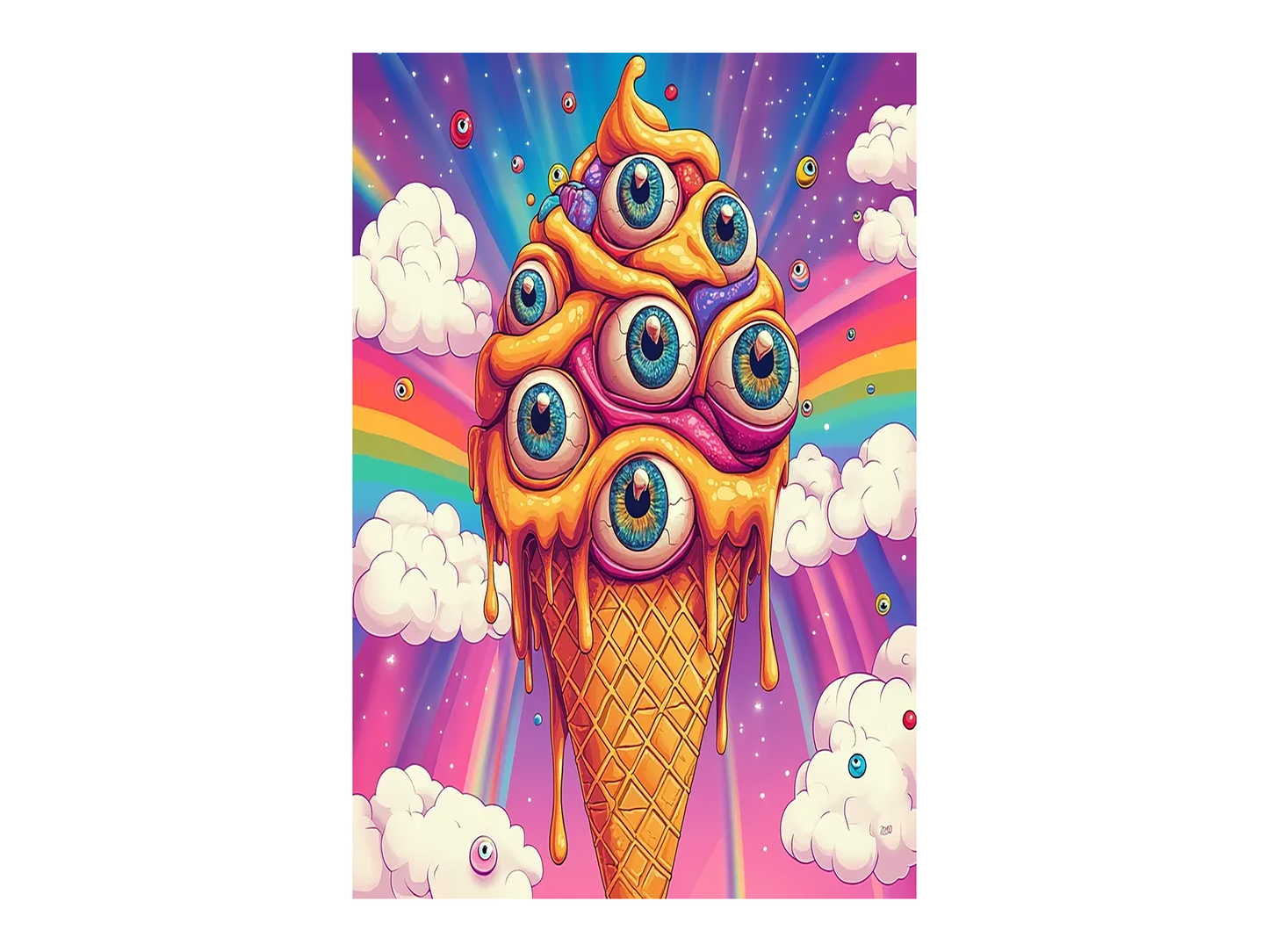 a painting of an ice cream cone with eyeballs on it