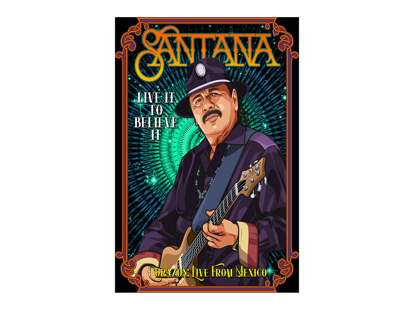 a poster of a man playing a guitar