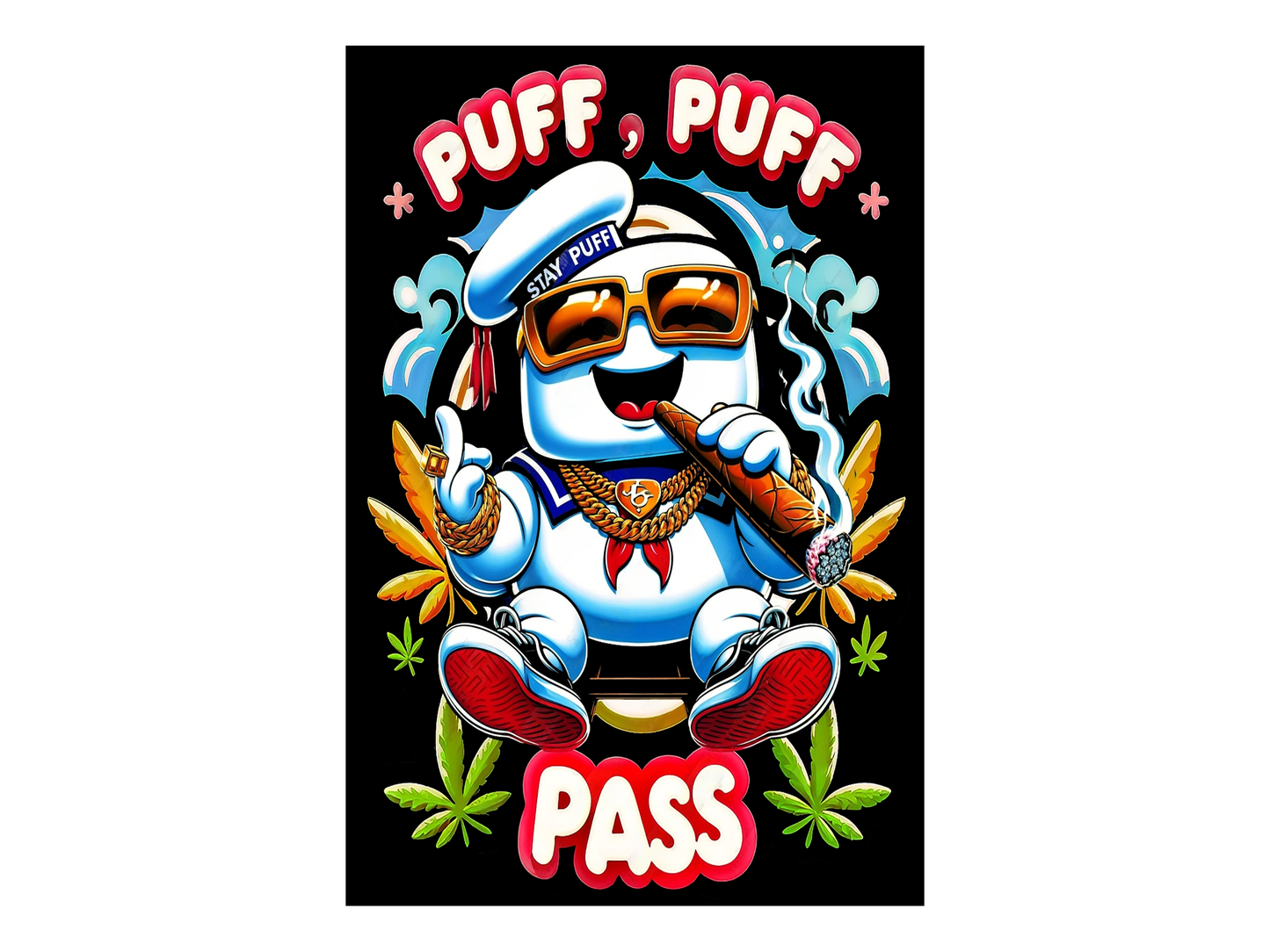 a sticker with a cartoon character holding a pipe