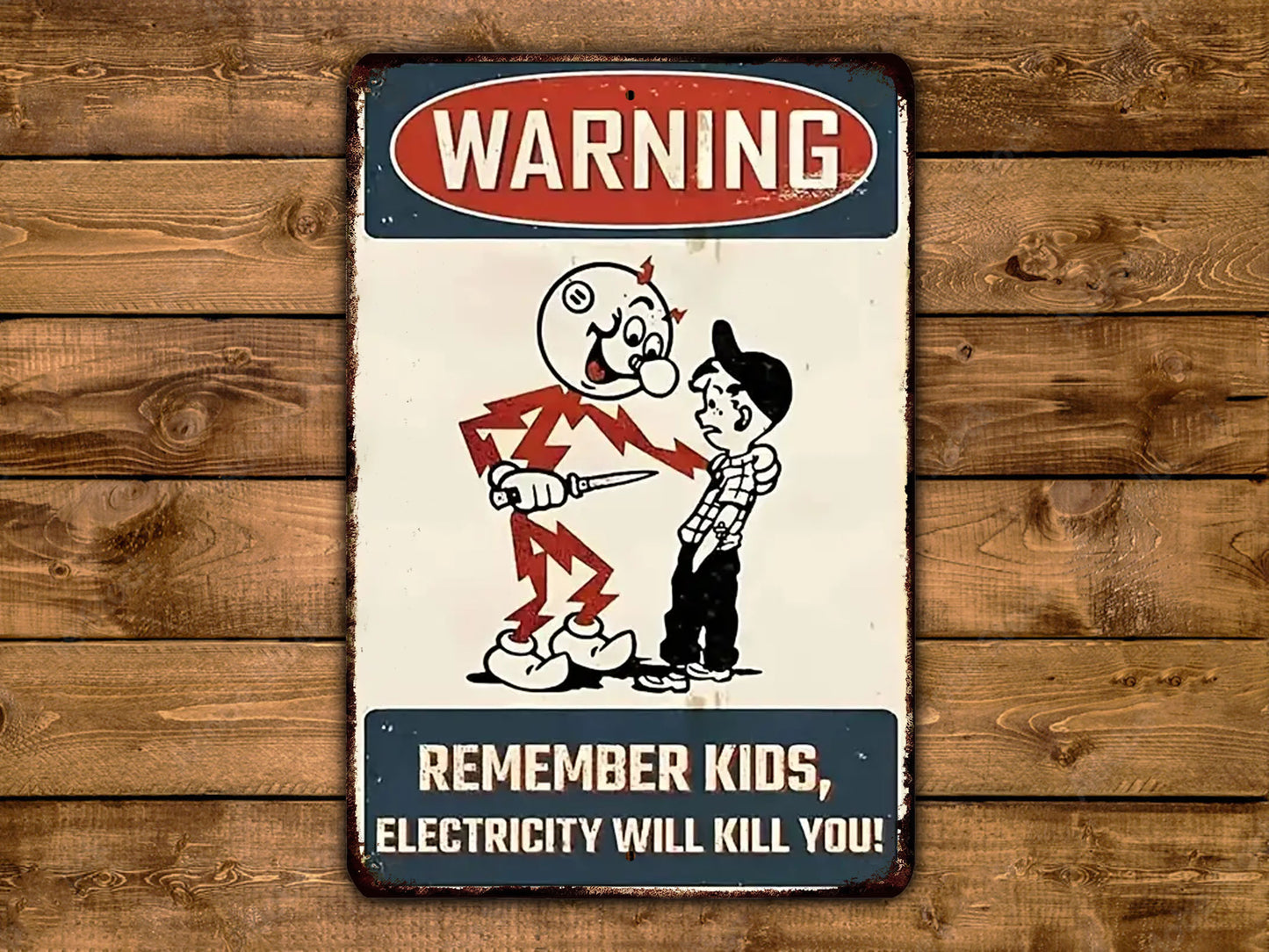 a warning sign on a wooden wall