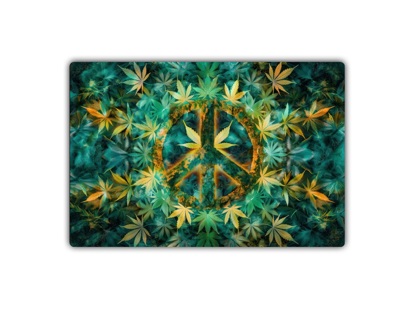 a peace sign surrounded by leaves on a white background