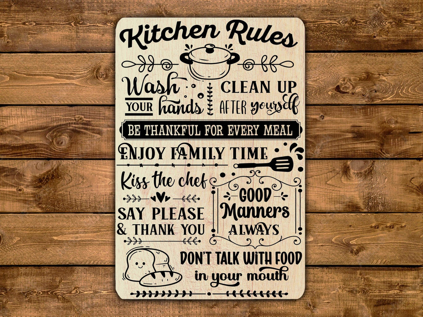 Kitchen Rules Sign Wash Hands Kiss Chef Please Thank You Enjoy Food Family Time Rustic Patio Home Décor Gift Metal Print Present