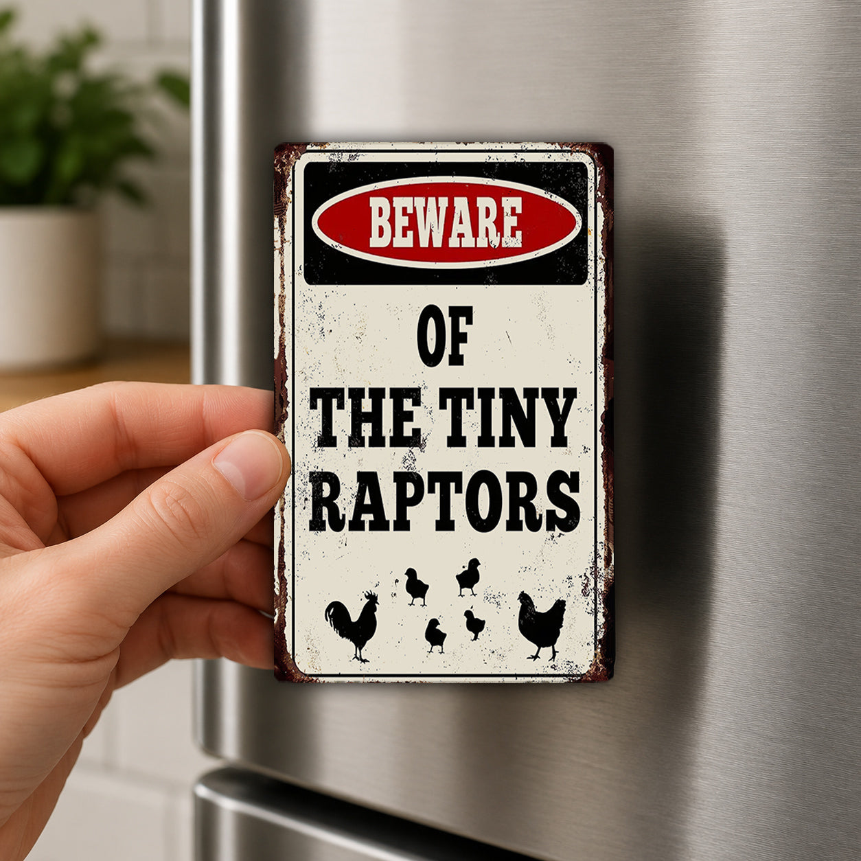 A person's hand is holding a metal sign with the text "BEWARE OF THE TINY RAPTORS" on it.