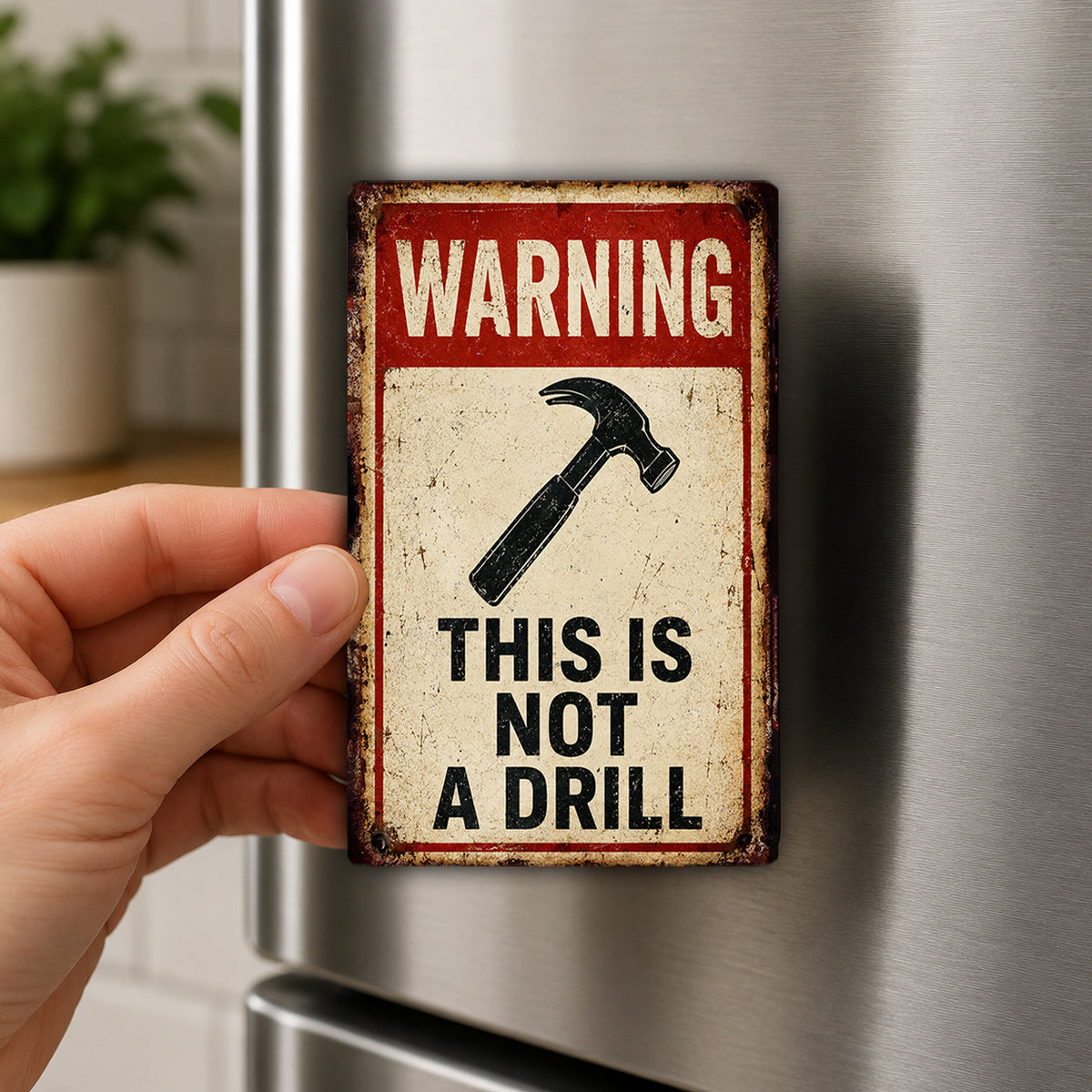 A person's hand is holding a metal sign with a hammer and the text "WARNING THIS IS NOT A DRILL" on it.