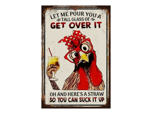 a metal sign with a rooster holding a drink