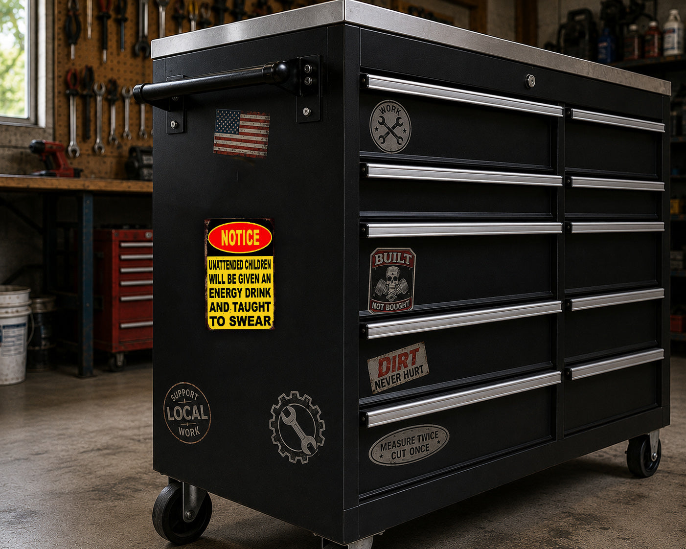 A black workbench with various stickers and labels on it, including a notice sticker and a "built it" sticker.