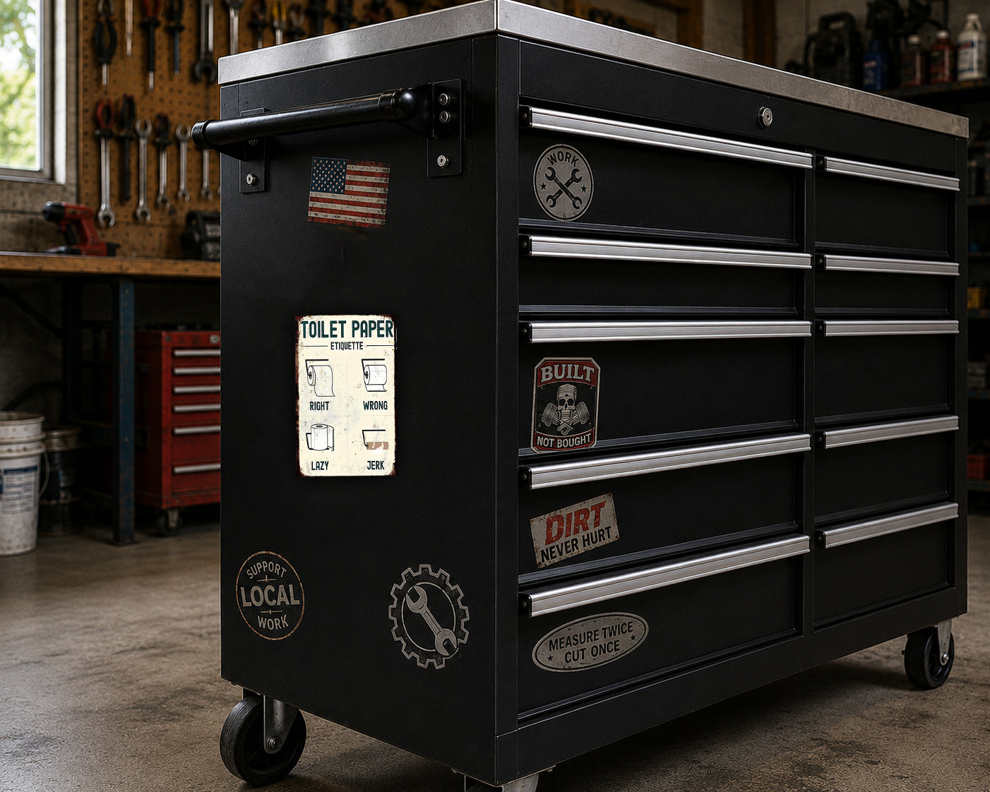 A black tool chest with various stickers and labels on it, placed in a workshop setting.