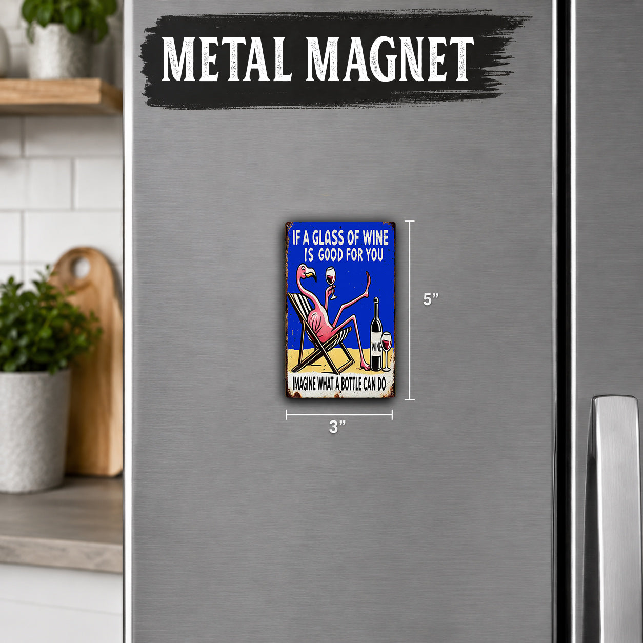 a small, colorful magnet on a refrigerator door.