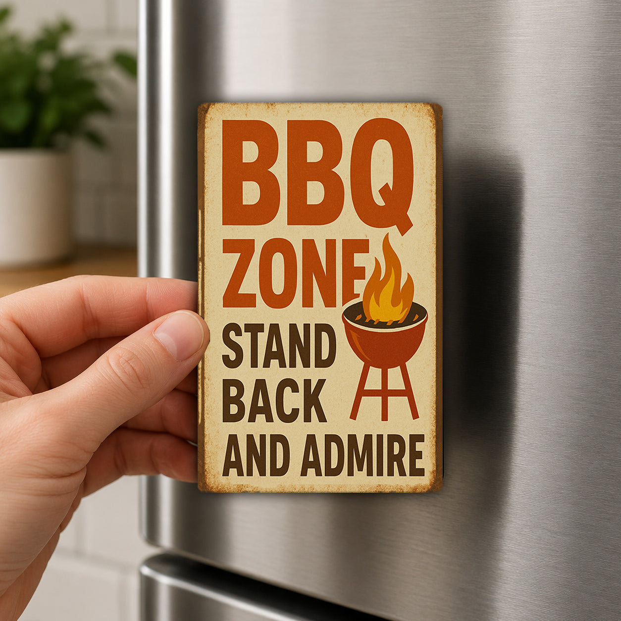 A hand is holding a metal sign with the text "BBQ ZONE" and an illustration of a barbecue grill with flames.