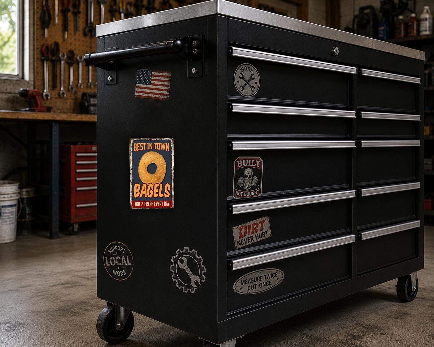 A black tool chest with various stickers and labels on it, placed in a workshop setting.