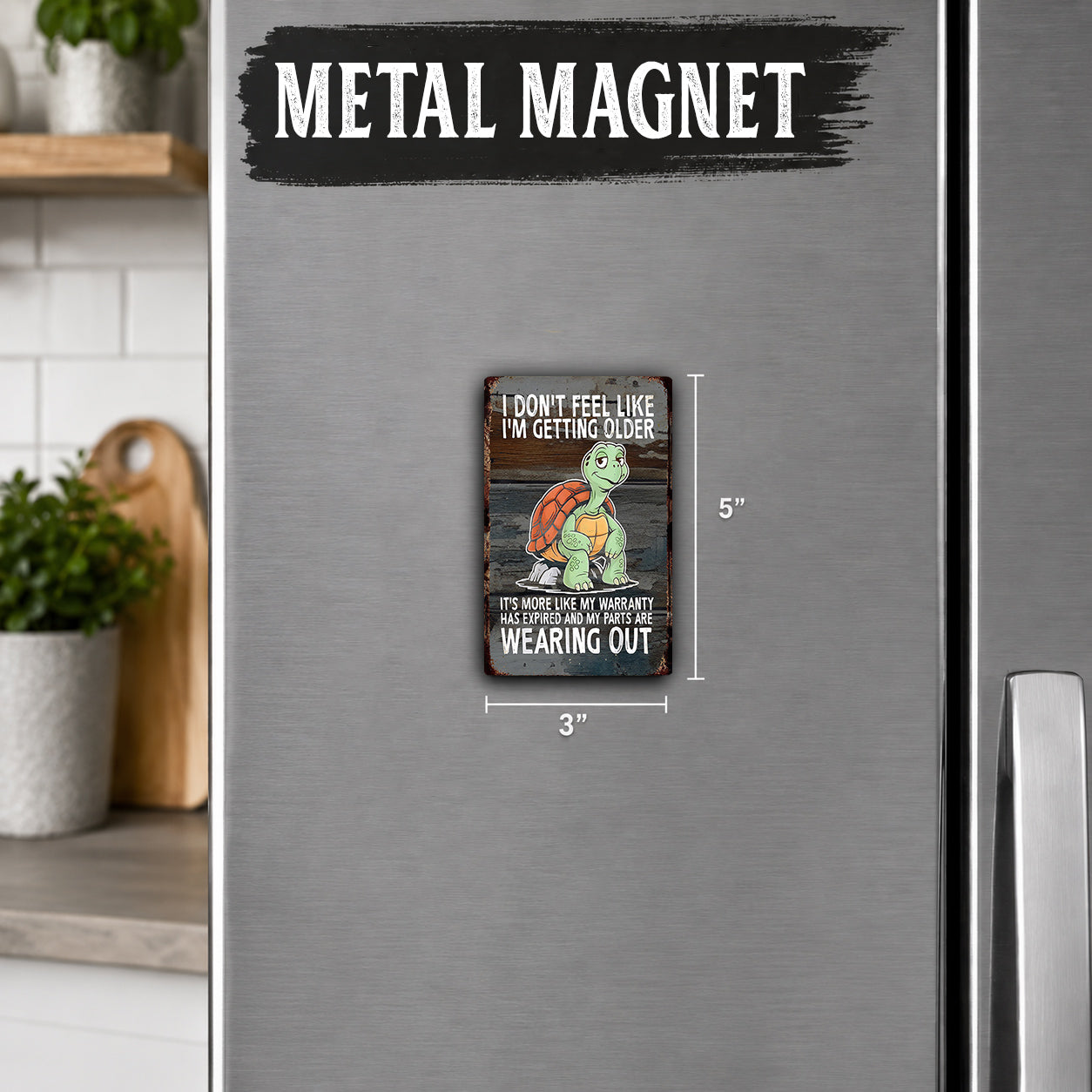 a small metal magnet with a cartoon turtle on it, placed on a refrigerator.