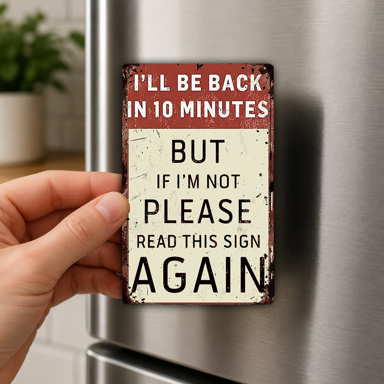 A person's hand is holding a sign that says "I'll be back in 10 minutes but if I'm not please read this sign again".