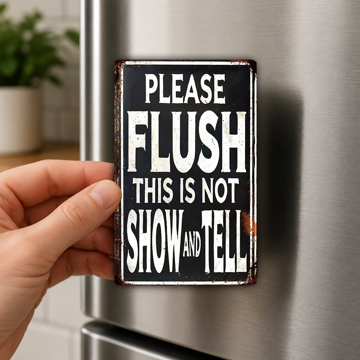 A person's hand holding a metal sign with the text "PLEASE FLUSH THIS IS NOT SHOW AND TELL" on it.