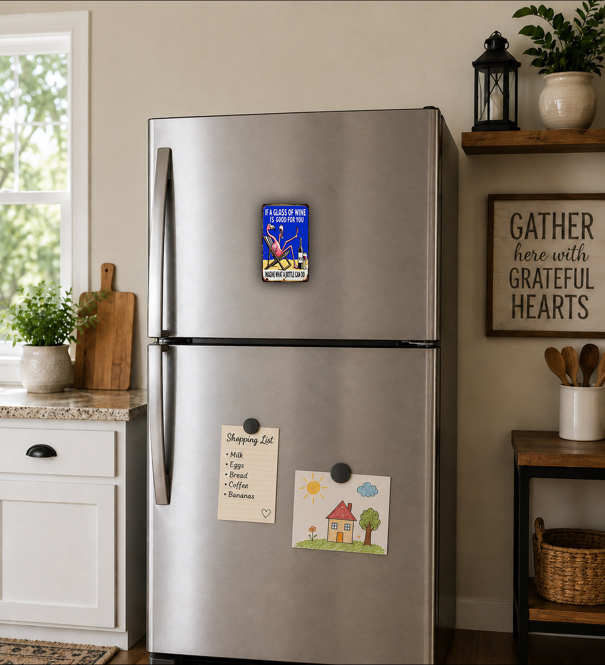 a kitchen with a stainless steel refrigerator, a wooden cutting board, and various kitchen items such as a potted plant, a vase, and a basket.