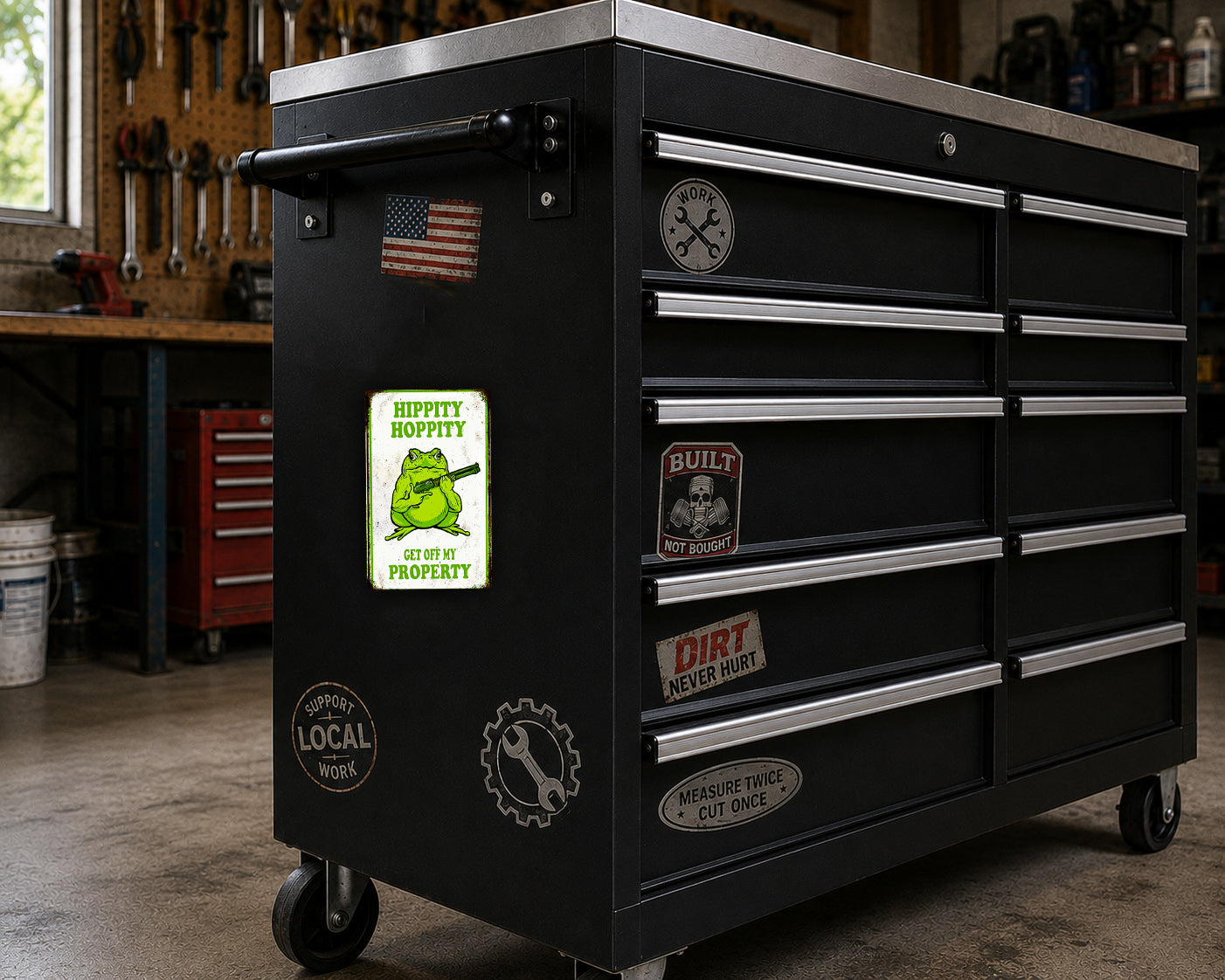 A black tool chest with various stickers and labels on it, placed in a workshop setting.