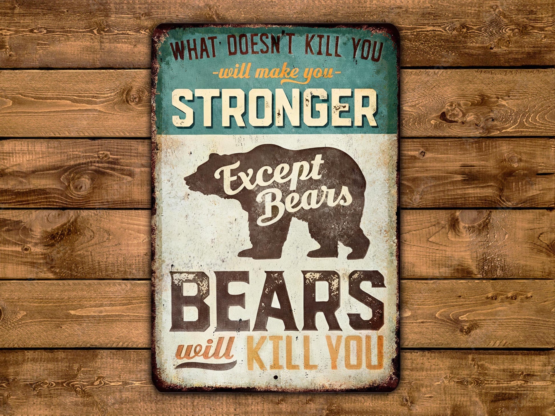 a vintage-style sign with the text "What doesn't kill you will make you stronger Except Bears will kill you" displayed prominently.