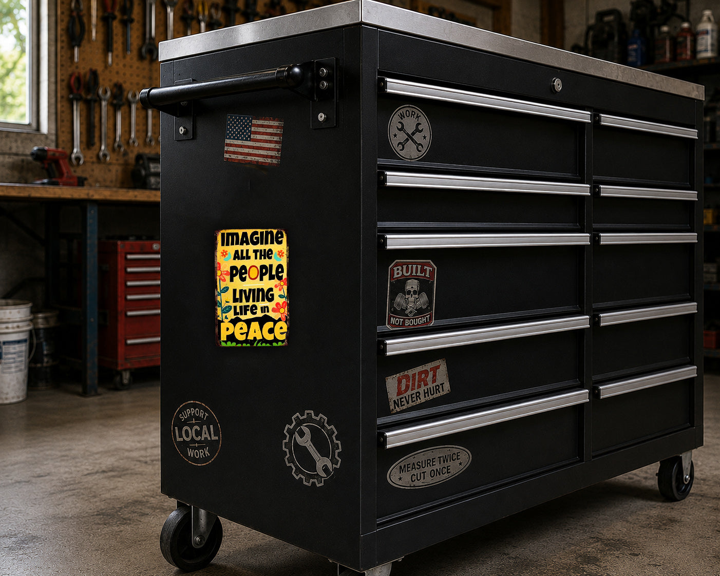 A black workbench with various stickers and magnets on it, including a sticker with an American flag and a quote about peace.