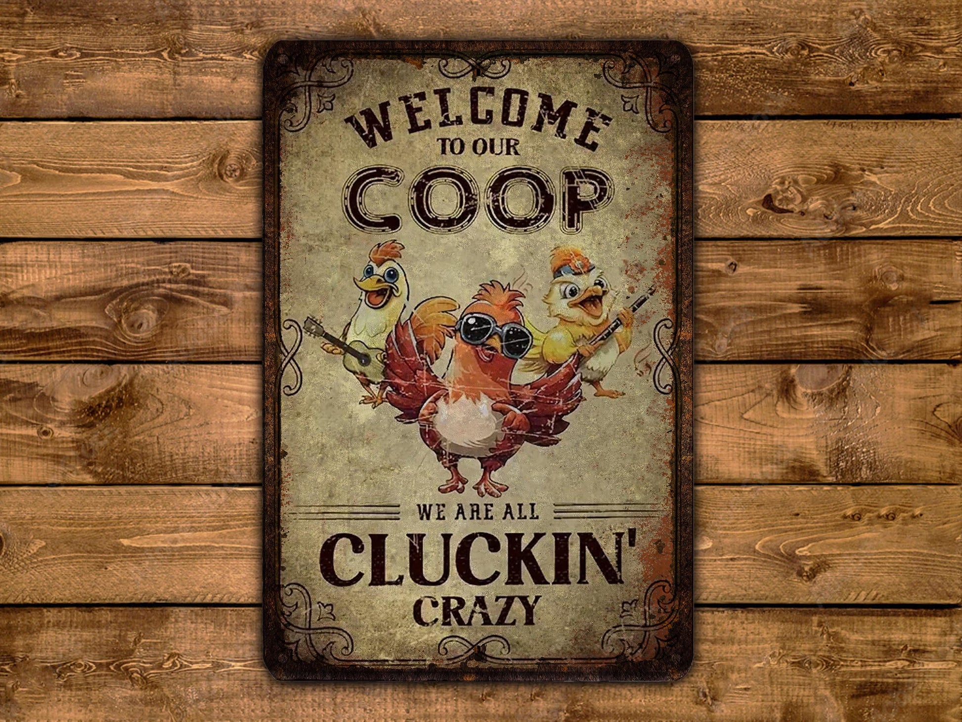 a metal sign with a cartoon chicken and text, placed on a wooden background.