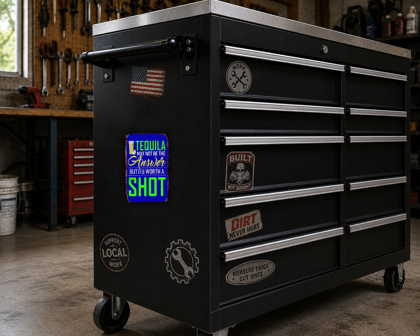 A black workbench with various stickers and labels on it, including a blue sticker with the text "I QUALITY NOT THINK IT WAS A SHOT" and other stickers with various labels such as "Dirt Never Hurt", "Not Built To Be", and "Support Local Work".