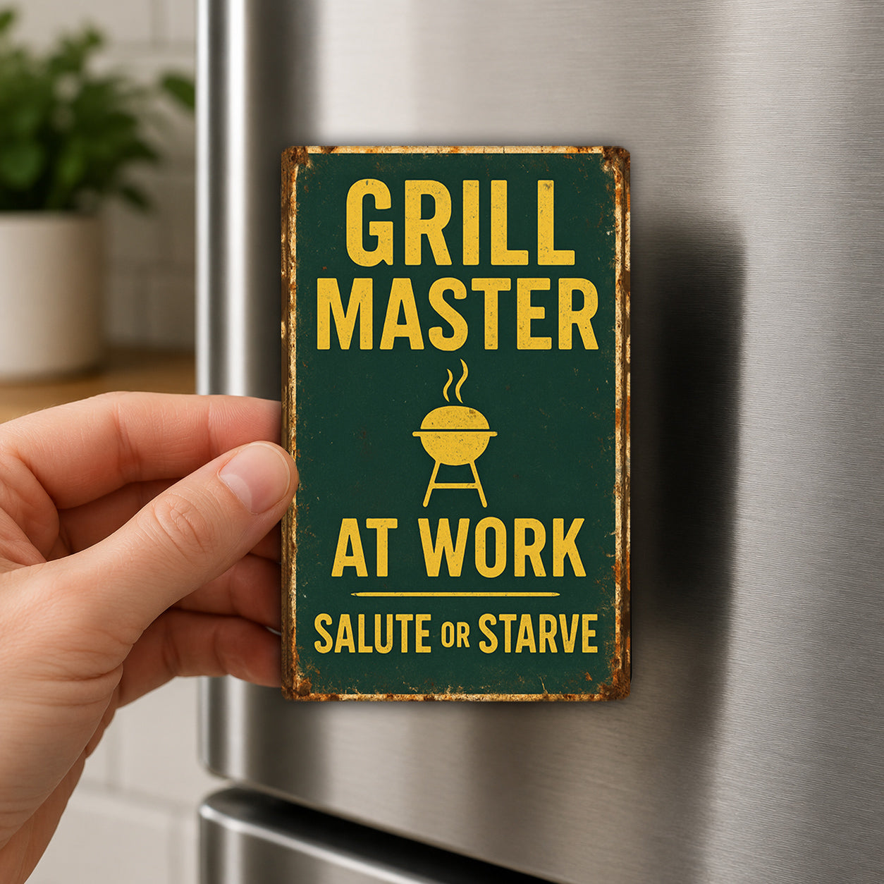 A person's hand is holding a green and yellow sign that says "Grill Master at Work Salute or Starve" on a refrigerator.