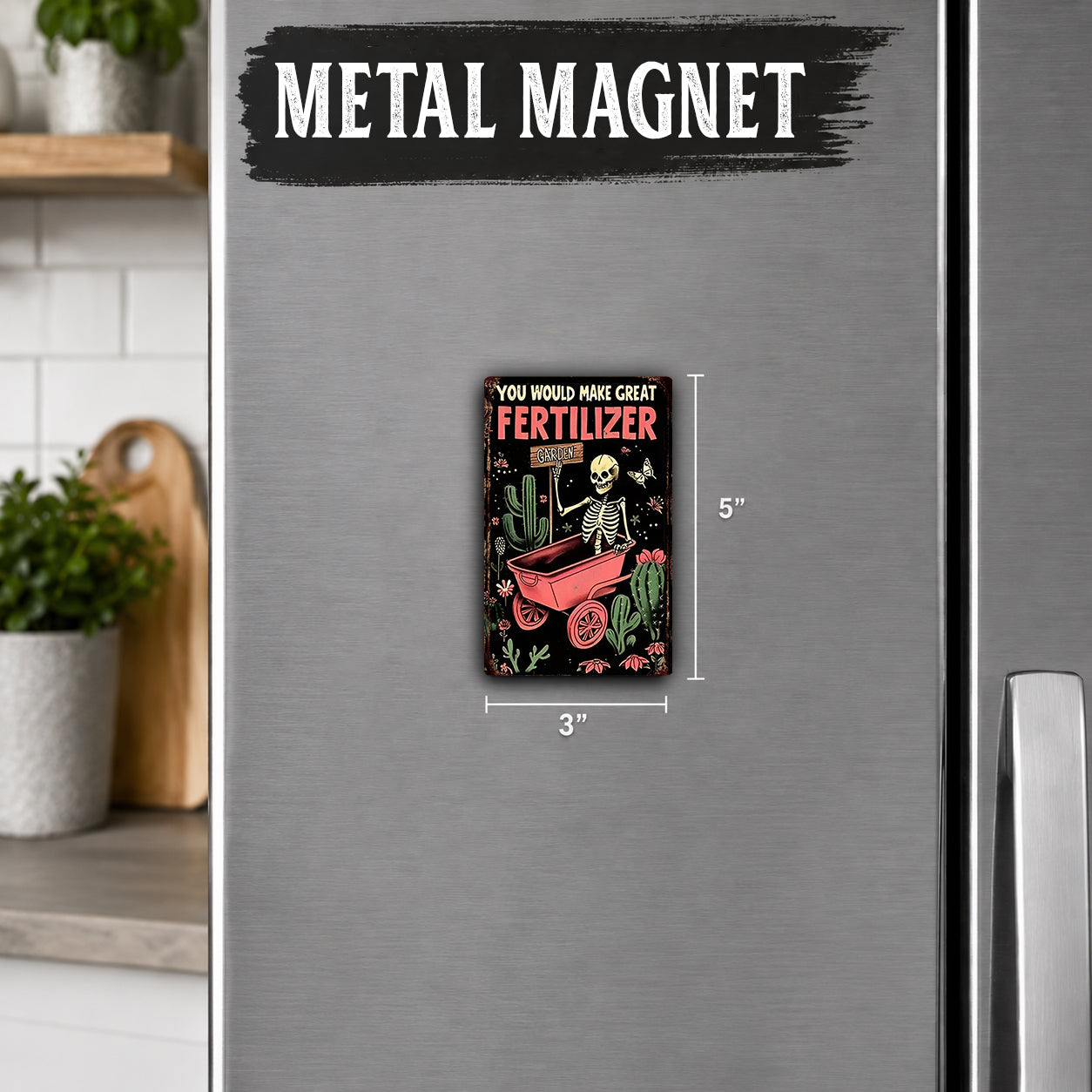 a small, colorful magnet with a skeleton and a red wagon on it, placed on a refrigerator.