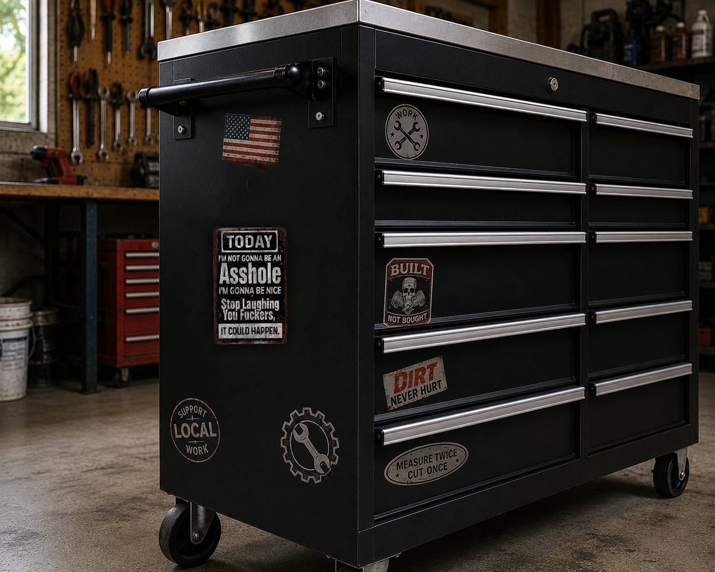 A black tool chest with various stickers and labels on it, placed in a workshop setting.