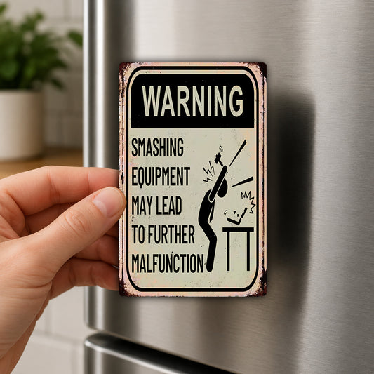 A person is holding a metal sign with a warning message about smashing equipment.
