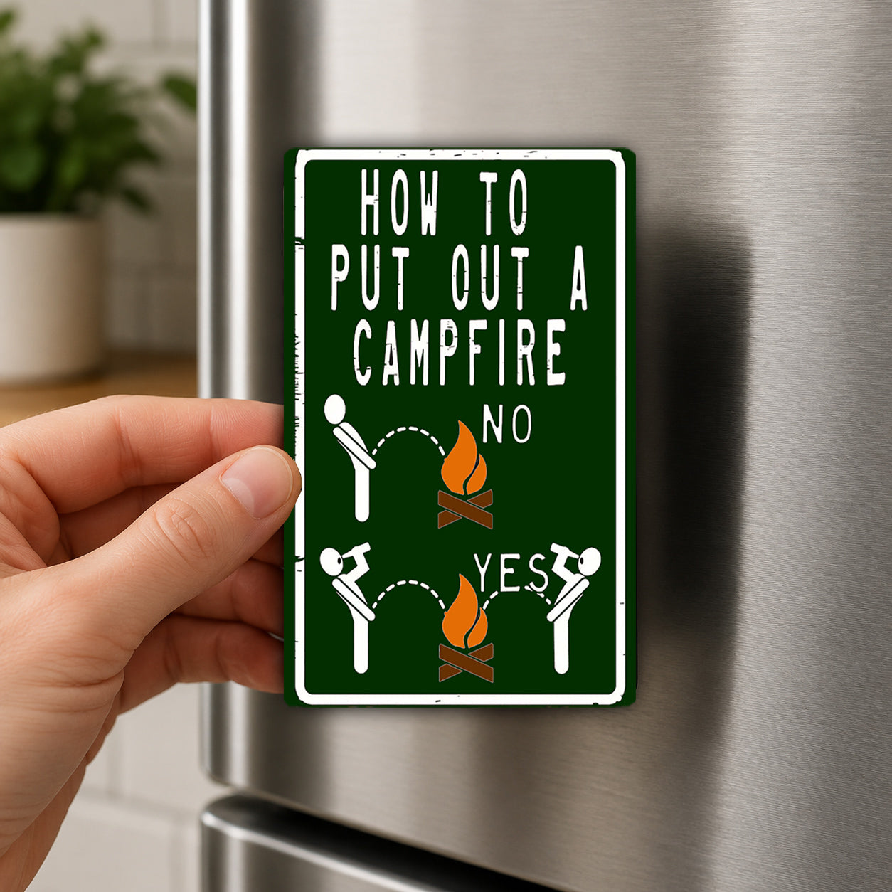 A person is holding a green sign with instructions on how to put out a campfire, with illustrations of people throwing fire and a "YES" sign.