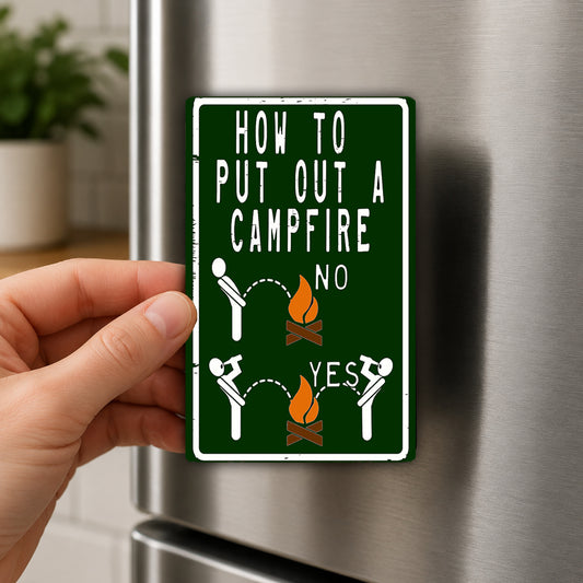 A person is holding a green sign with instructions on how to put out a campfire, with illustrations of people throwing fire and a "YES" sign.