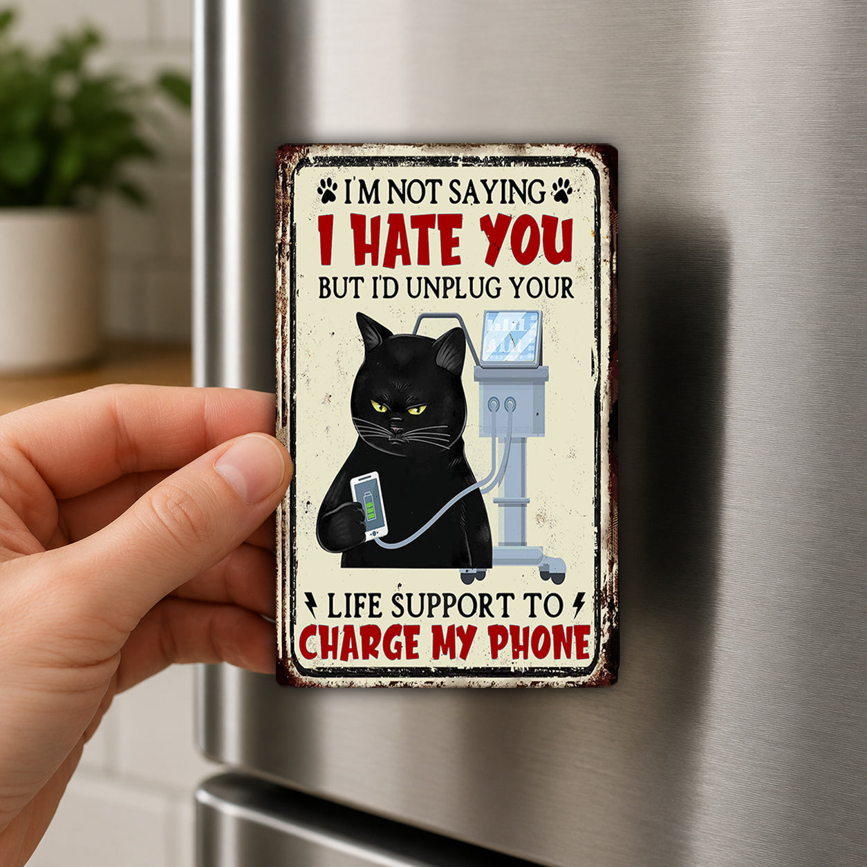 A person's hand is holding a metal magnet with a humorous text and an illustration of a black cat.
