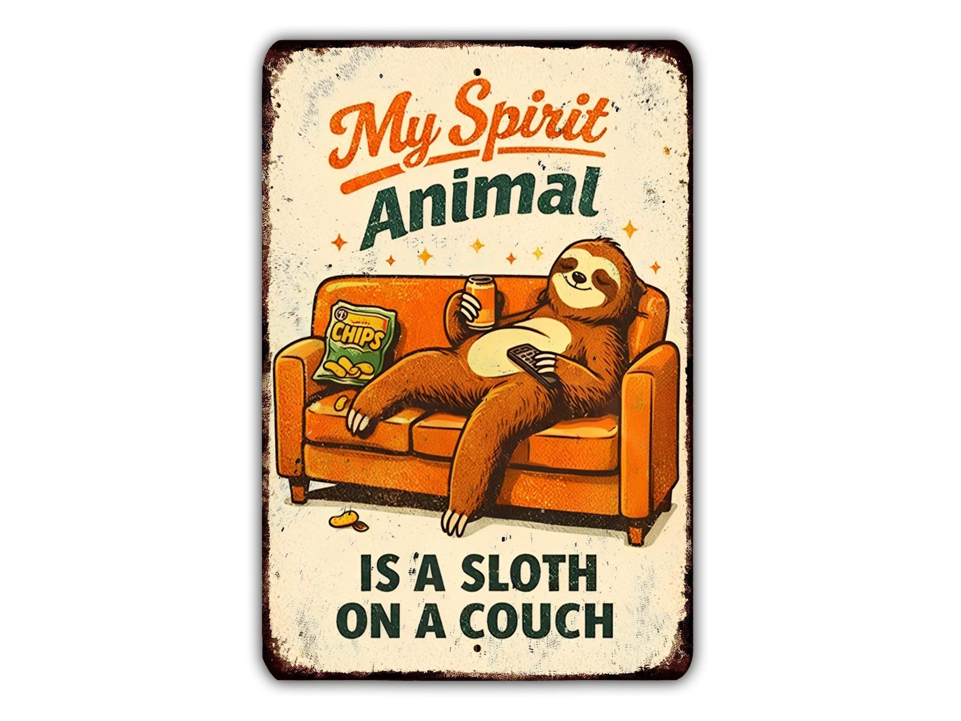 A sloth sitting on a couch with a bag of chips in front of it.