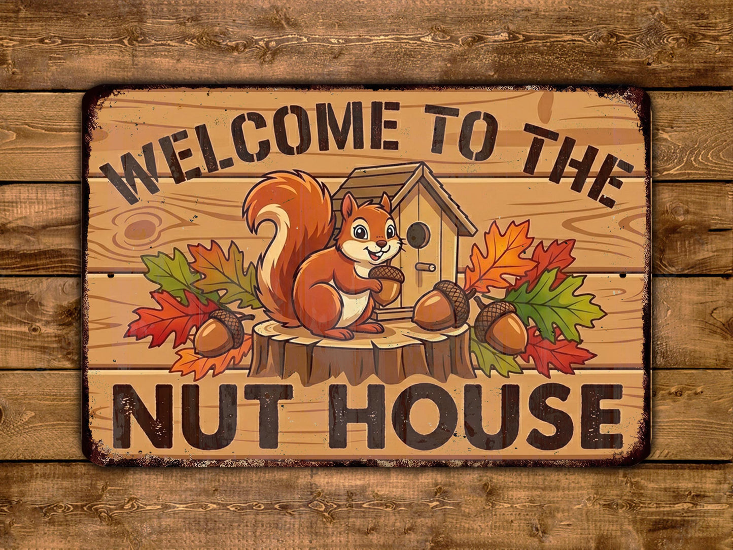 A wooden sign with a cartoon squirrel and autumn leaves, along with the text "WELCOME TO THE NUT HOUSE".
