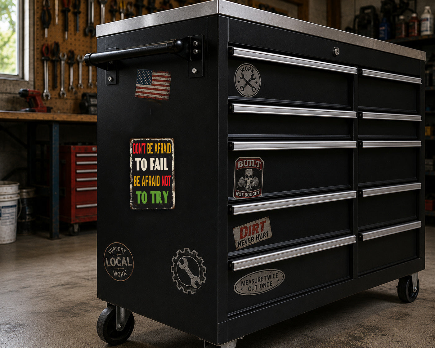 A black workbench with various stickers and labels on it, including a "Don't be afraid to fail" sticker, a "Built" sticker, and a "Dirt" sticker. The workbench is situated in a workshop setting with tools and equipment visible in the background.