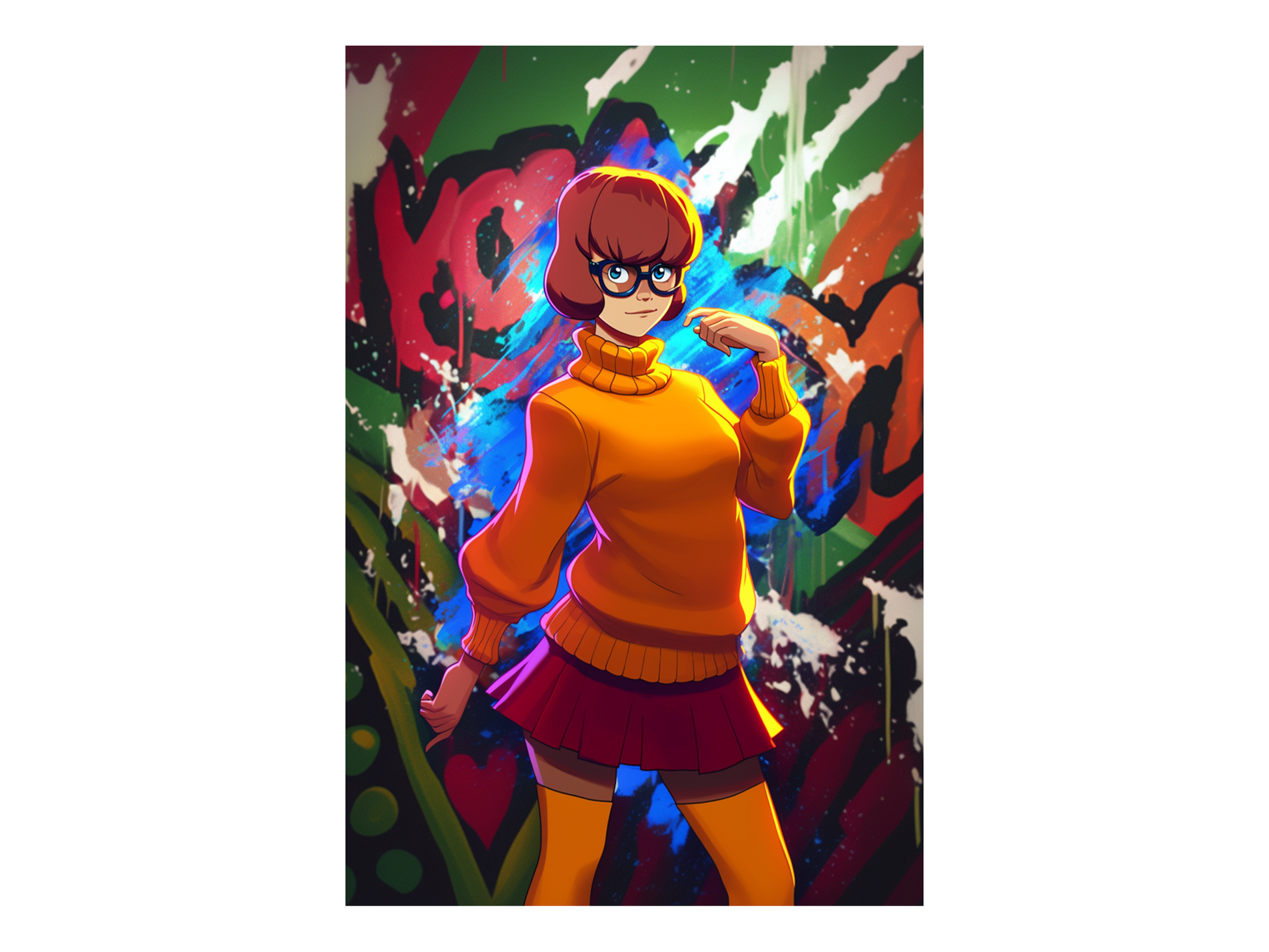 a woman in an orange sweater is standing in front of graffiti