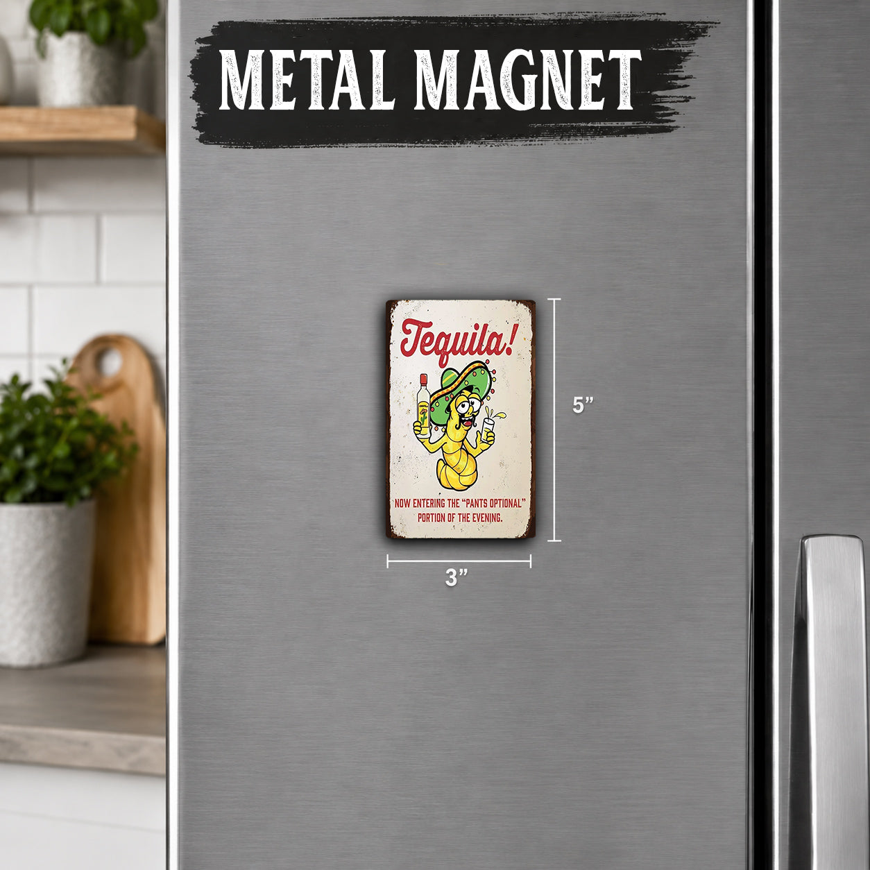 a small metal refrigerator magnet with a cartoon character and text.
