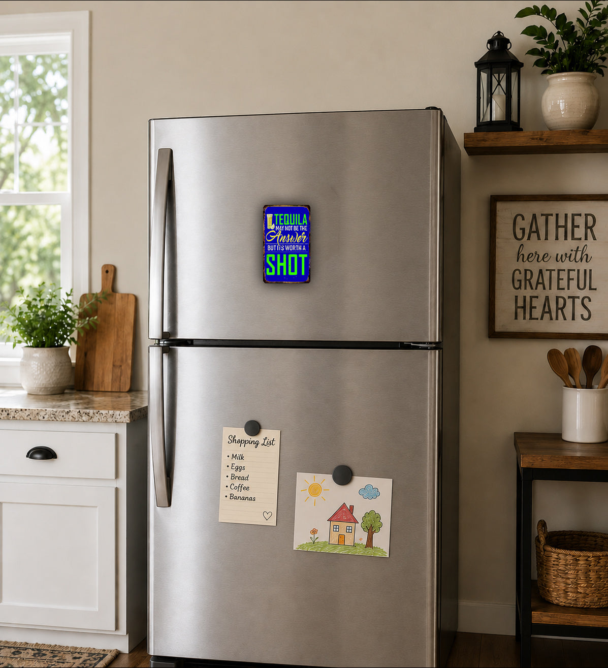 A stainless steel refrigerator with magnets and notes attached to it, situated in a kitchen with a window, plants, and a wooden shelf.