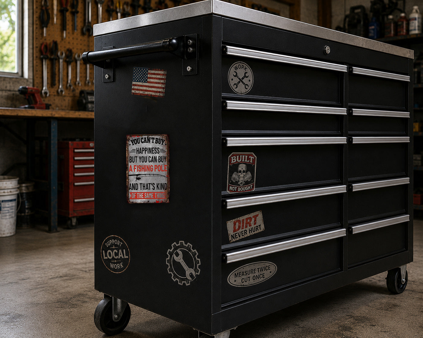 A black tool chest with various stickers and labels on it, placed in a workshop setting.