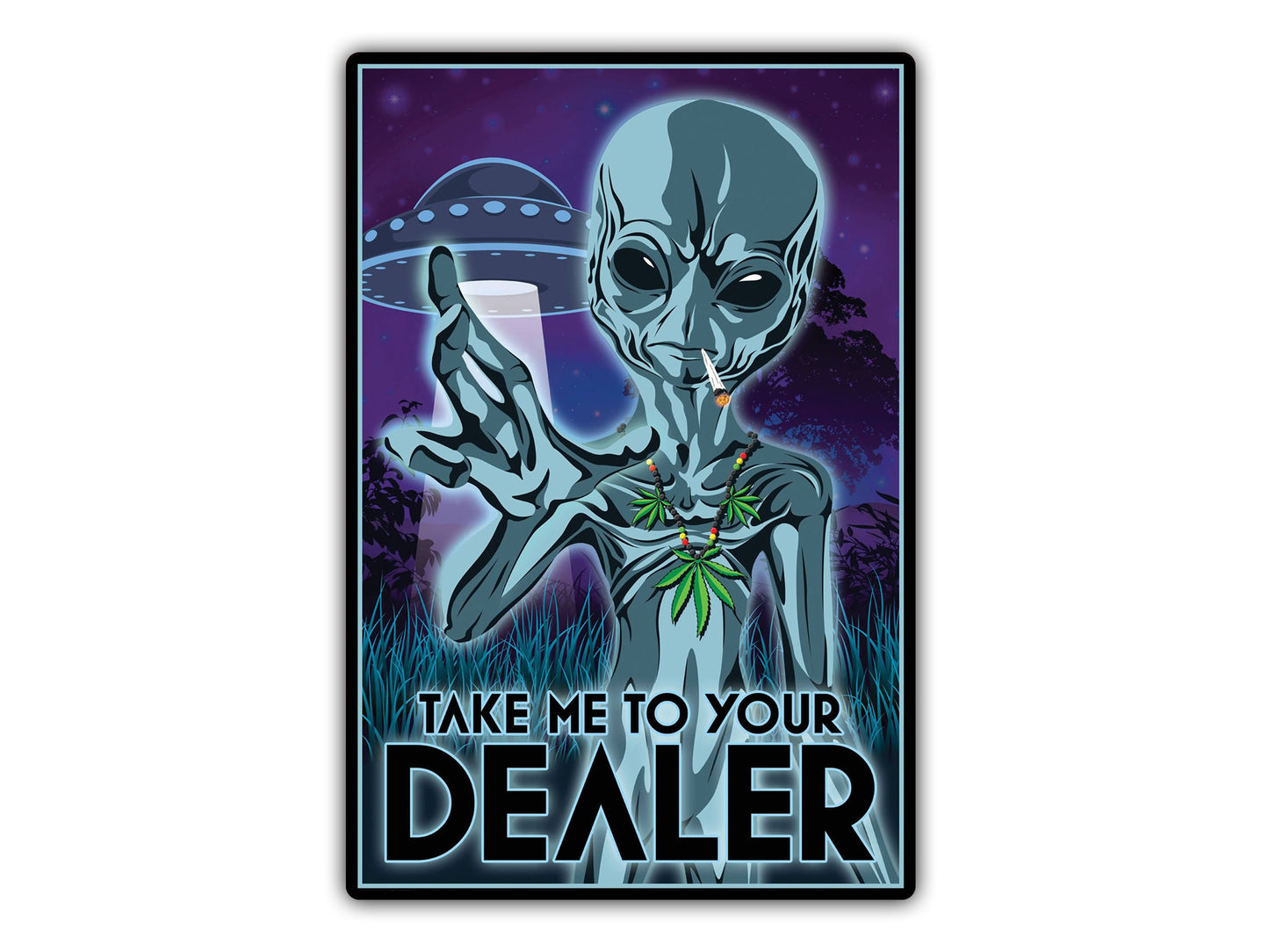 a sticker with an alien smoking a cigarette