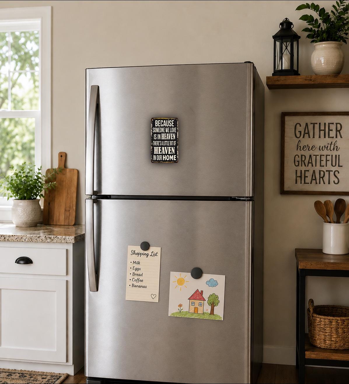 a kitchen with a stainless steel refrigerator, a wooden cutting board, and a sign that reads "GATHER here with GRATEFUL HEARTS".