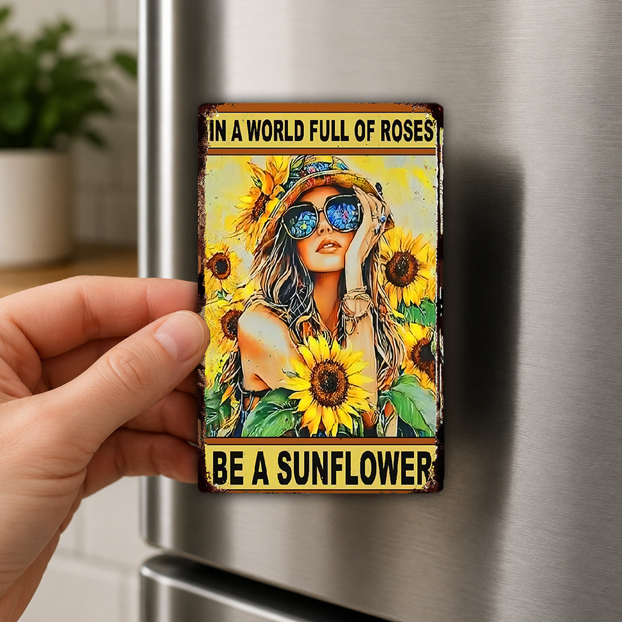 A person's hand holding a metal magnet with a picture of a woman surrounded by sunflowers and the text "In a world full of roses, be a sunflower" on it.