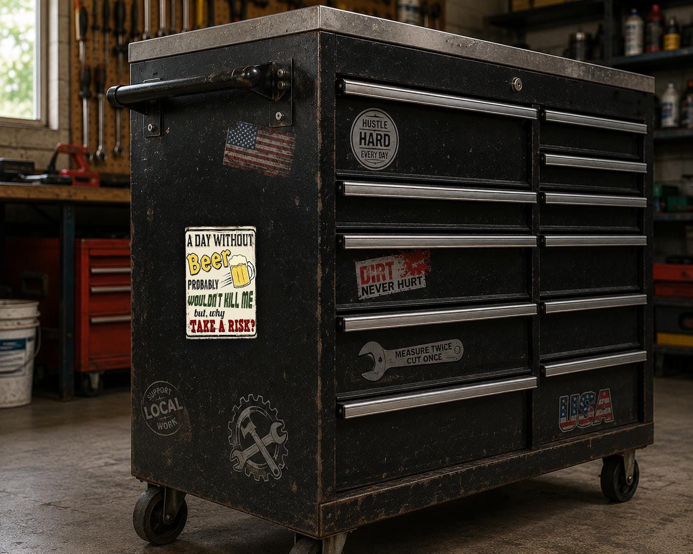 A black workbench with various stickers and labels on it, located in a workshop setting.