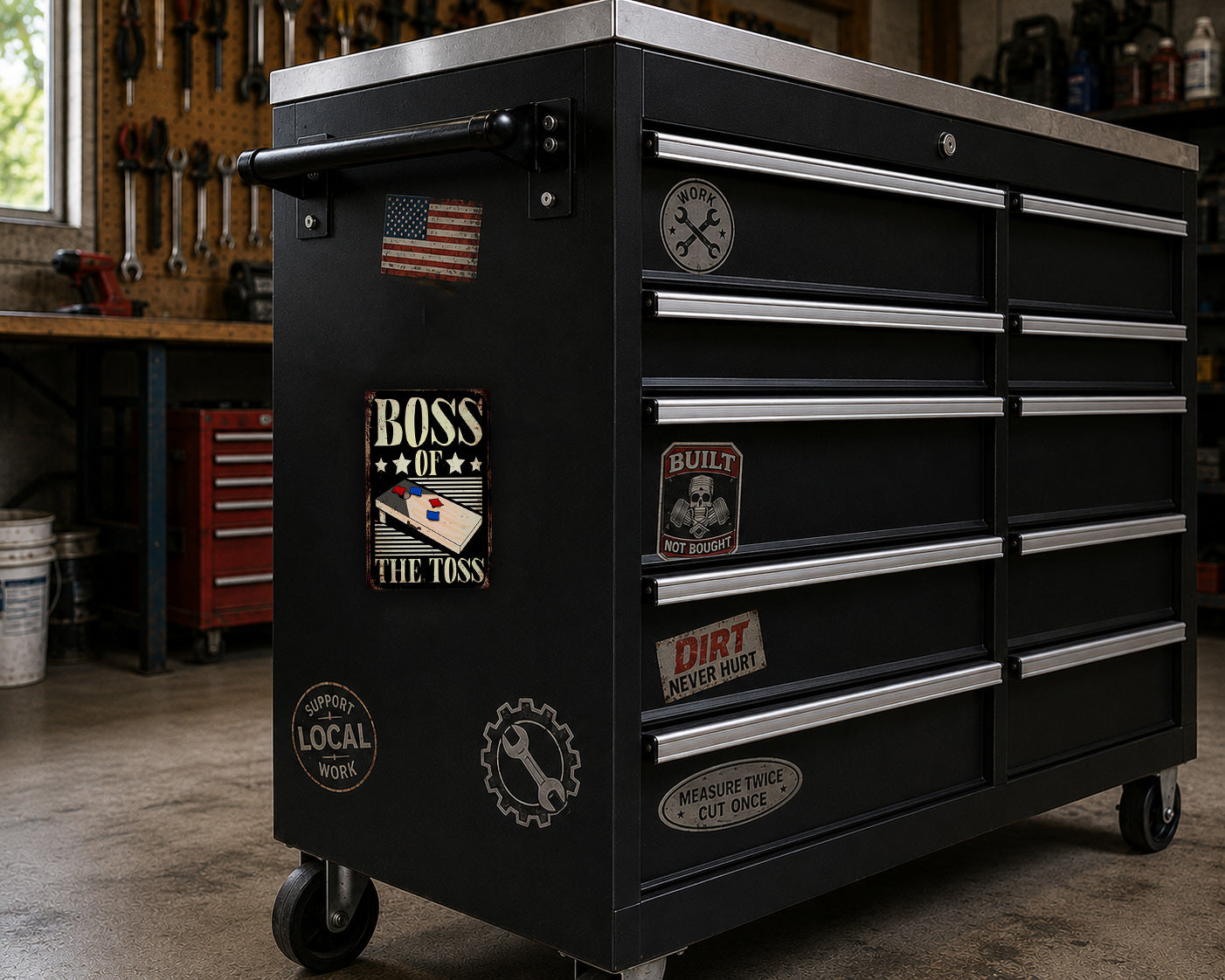 A black workbench with various stickers and labels on it, located in a workshop setting.