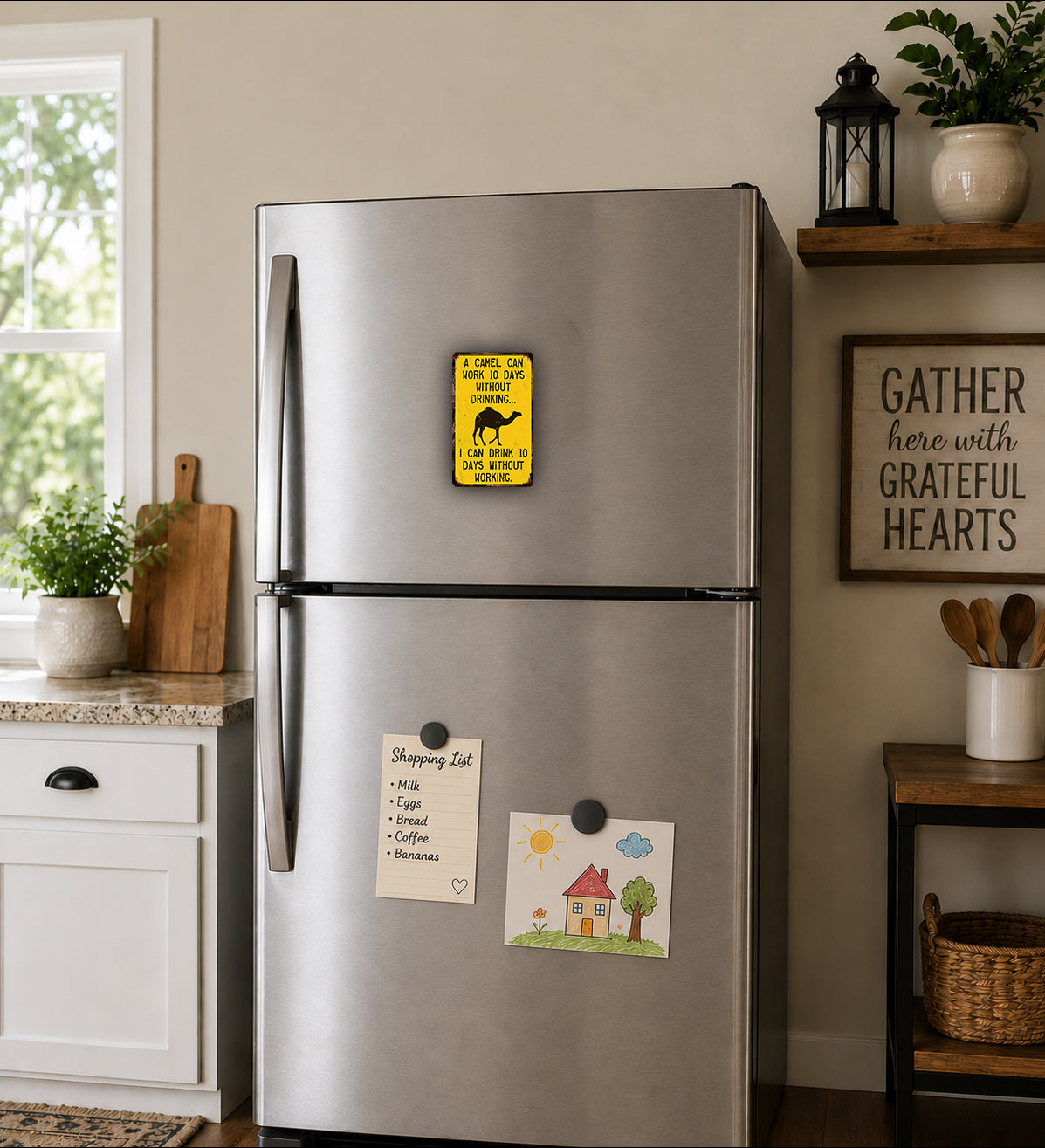 a kitchen with a stainless steel refrigerator, a wooden cutting board, and various kitchen items such as a potted plant, a vase, and a basket.