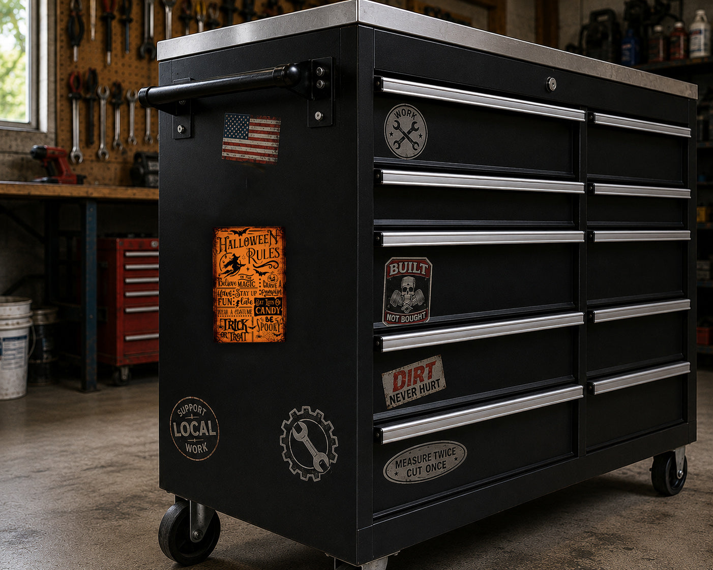 A black workbench with multiple drawers and stickers, including a "Halloween" sticker, a "BUILT" sticker, and a "Dirt Never Hurt" sticker. The workbench is situated in a workshop with various tools and equipment visible in the background.