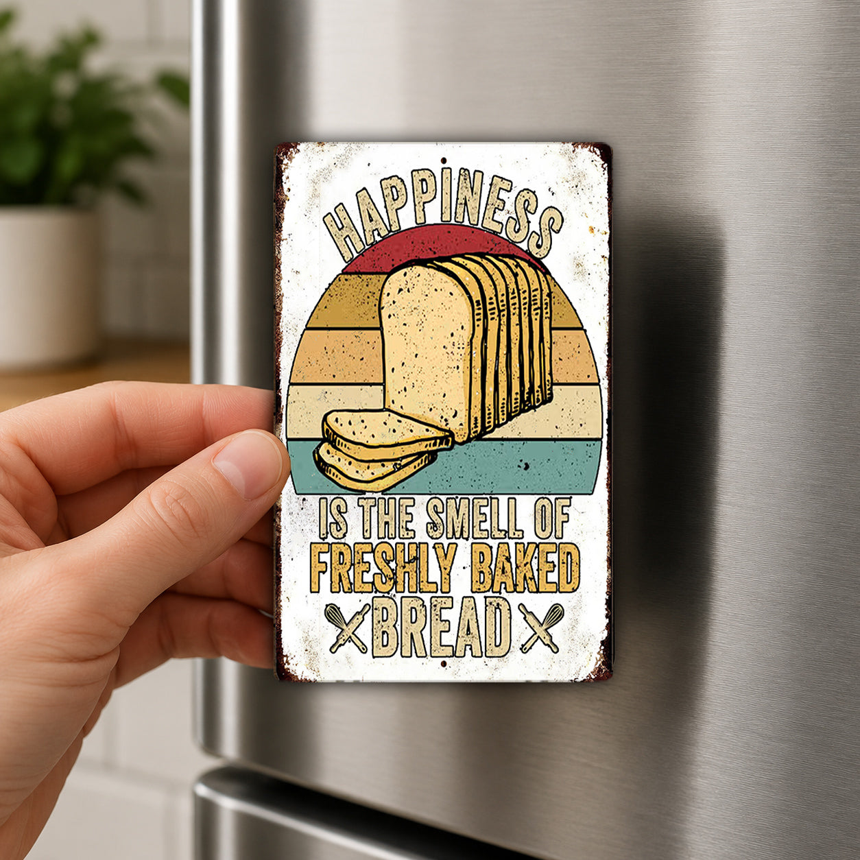A hand holding a metal sign with a vintage-style illustration of sliced bread and the text "Happiness is the smell of freshly baked bread"