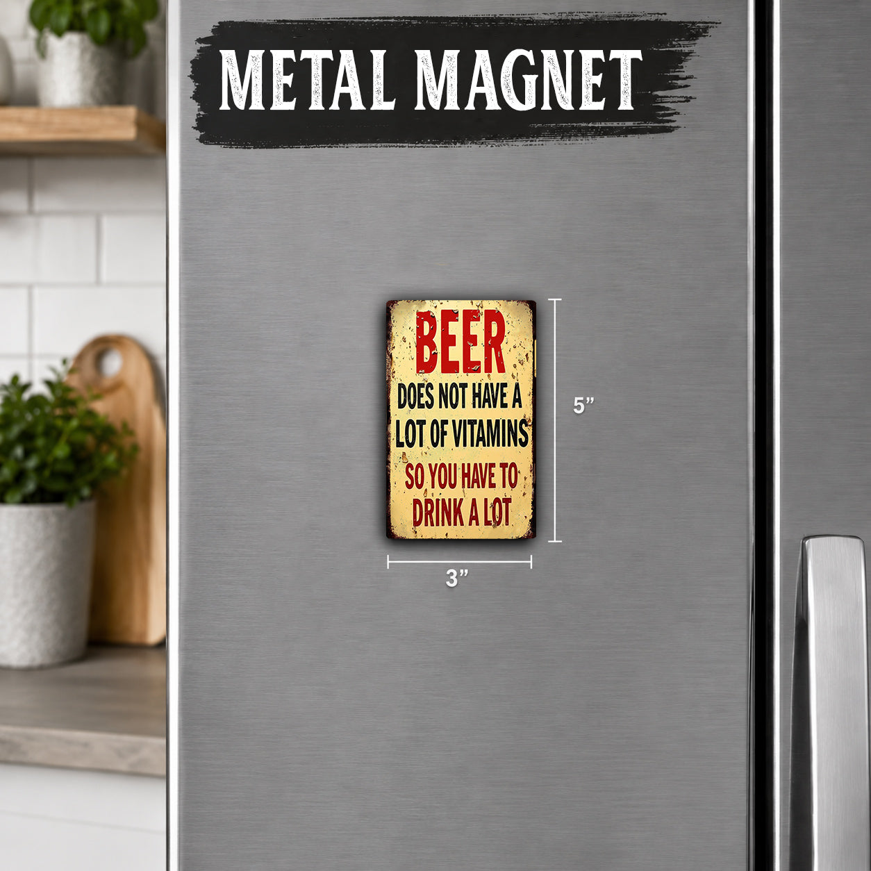 a small, vintage-style beer magnet on a refrigerator.
