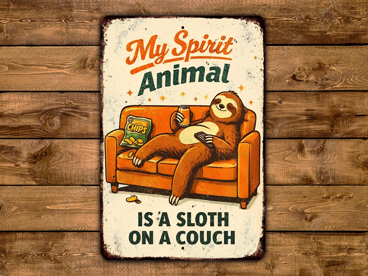 A metal sign with a sloth sitting on a couch, surrounded by chips and a cup, with the text "My Spirit Animal is a Sloth on a Couch" and "My Spirit Animal" written above the sloth.